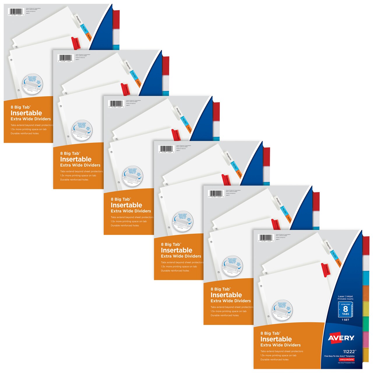 Avery Extra-Wide Big Tab Insertable Dividers for 3 Ring Binders, 8-Tab Sets, White Paper, Multicolor Tabs, Works With Sheet Protectors, 6 Sets (21211)